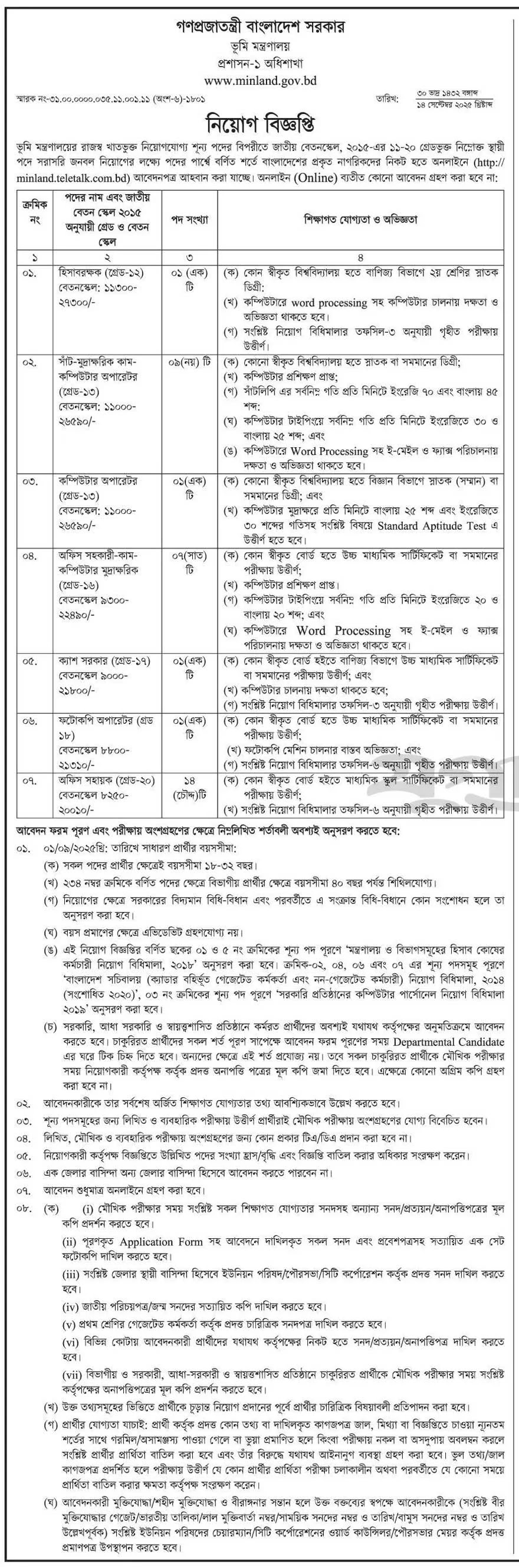 ভূমি মন্ত্রণালয় নিয়োগ বিজ্ঞপ্তি ২০২৫ | Ministry of Land Job Circular 2025